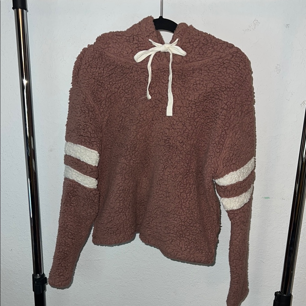 Brown and White Teddy Jacket with Soft Fuzzy Texture and Hood